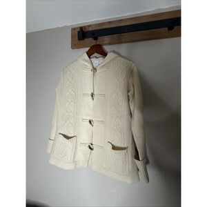 Vintage Nordic Style Cable Knit Toggle Hooded Cardigan Sweater Coat Cream Large